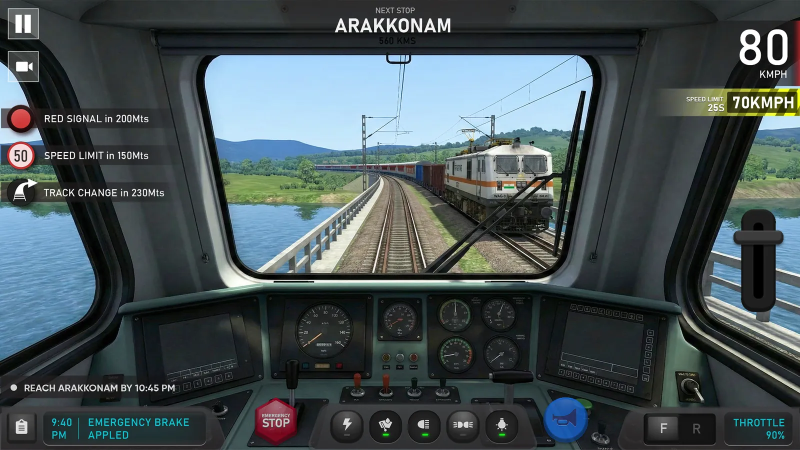 Indian Train Simulator cab view with gauges and warnings for the next signal and speed limit