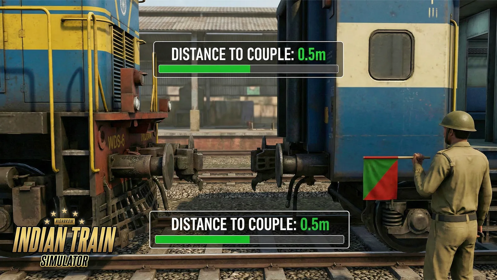 Coupling a locomotive to a coach in Indian Train Simulator, 0.5 m to go
