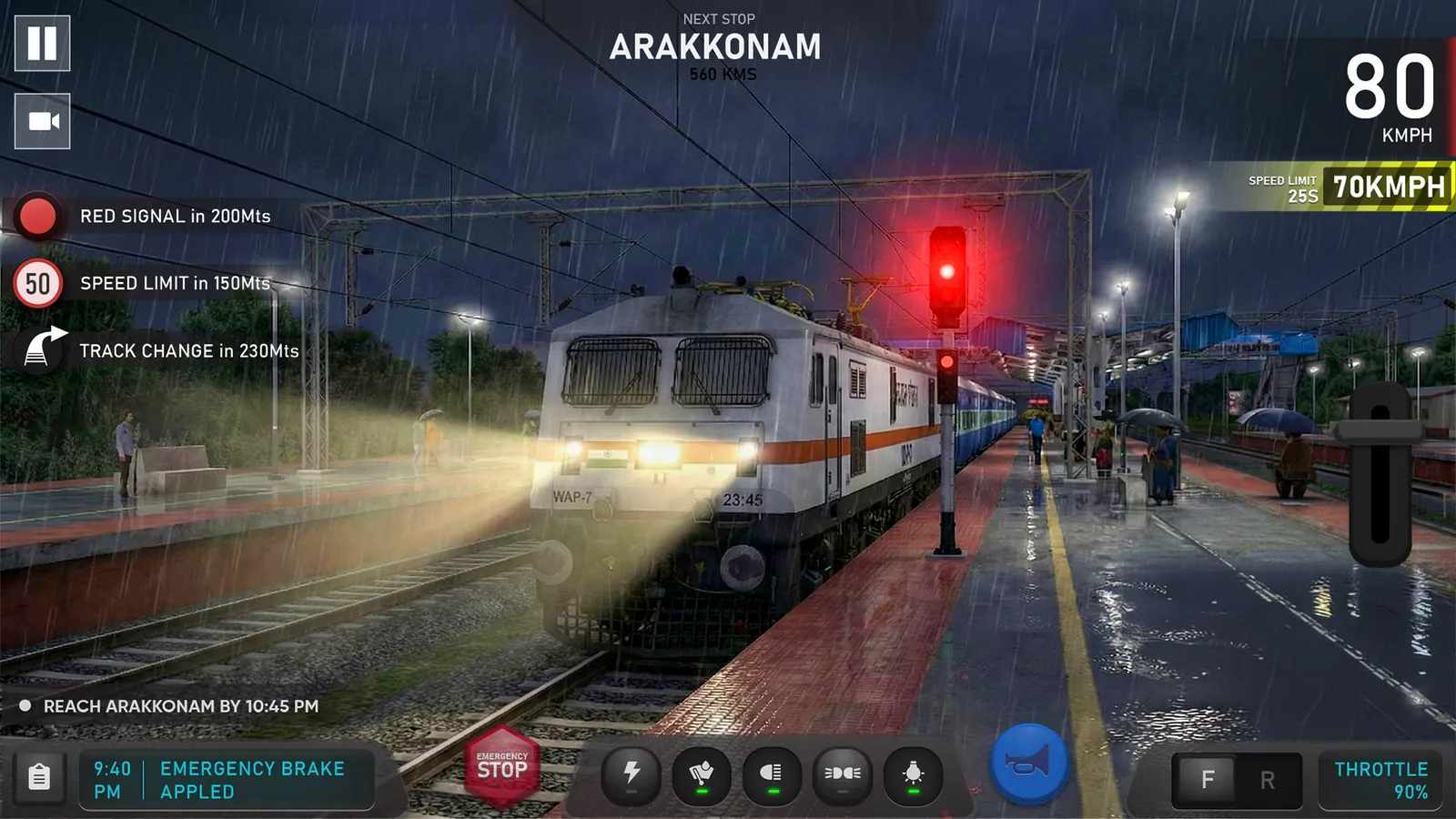 Indian Train Simulator at night in the rain with a red signal ahead