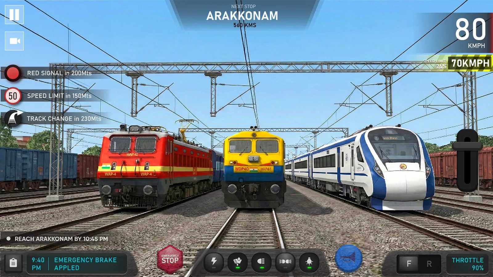 WAP-4, WDP-4D and Vande Bharat trains side by side in Indian Train Simulator