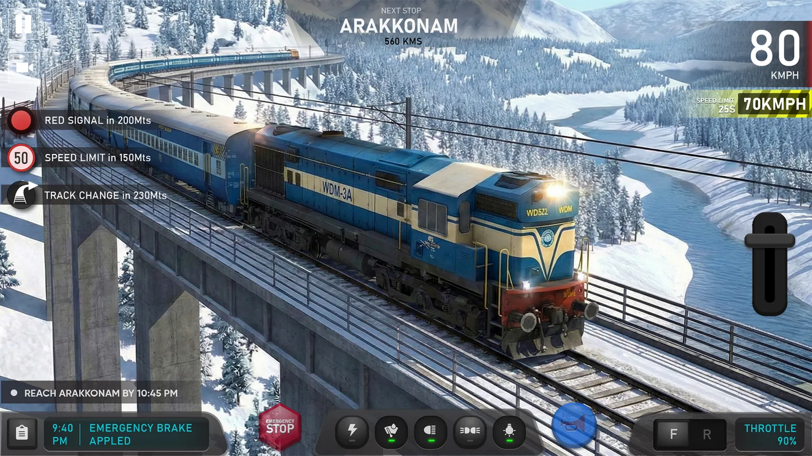 WDM-3A diesel locomotive crossing a snowy bridge in Indian Train Simulator