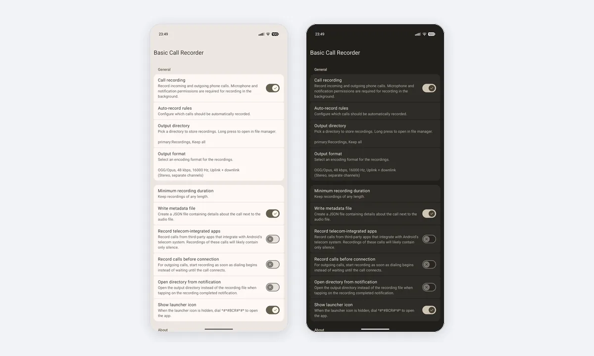 Basic Call Recorder (BCR) app screenshots
