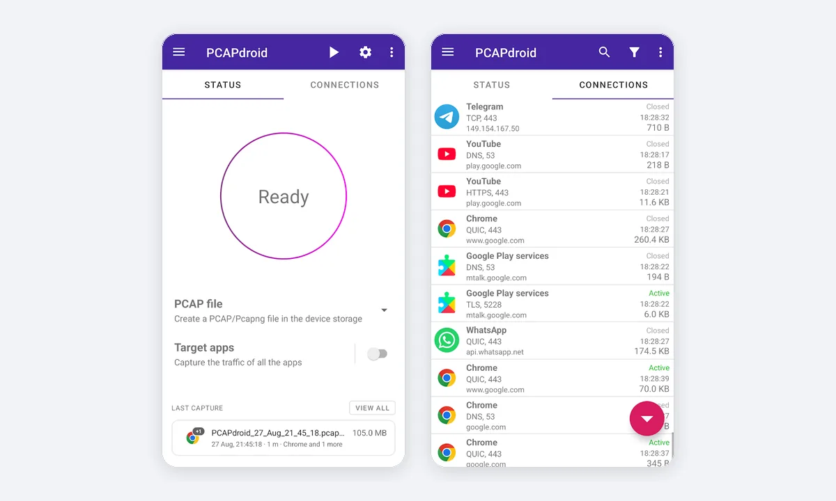 PCAPdroid app screenshots