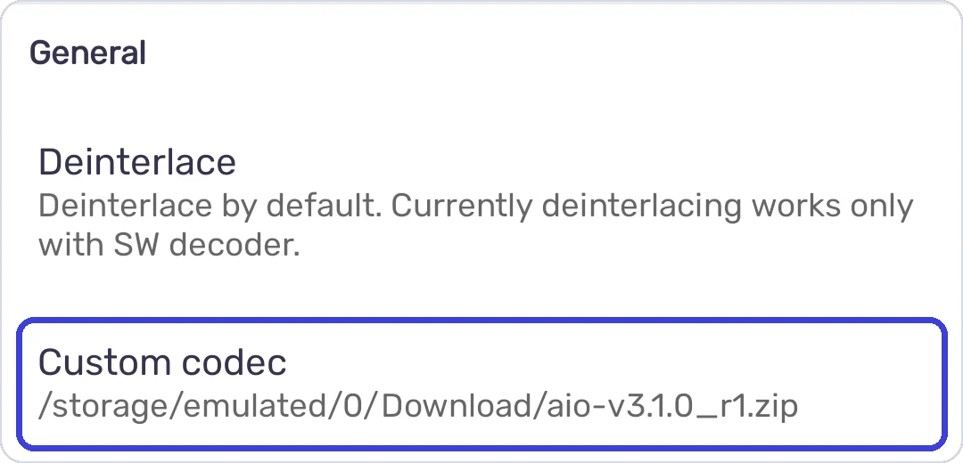 MX Player Custom codec setting showing the loaded AIO ZIP