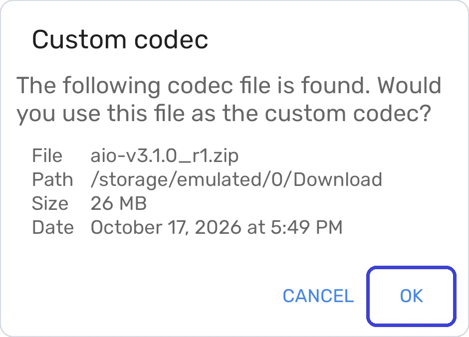 MX Player Custom codec dialog: The following codec file is found