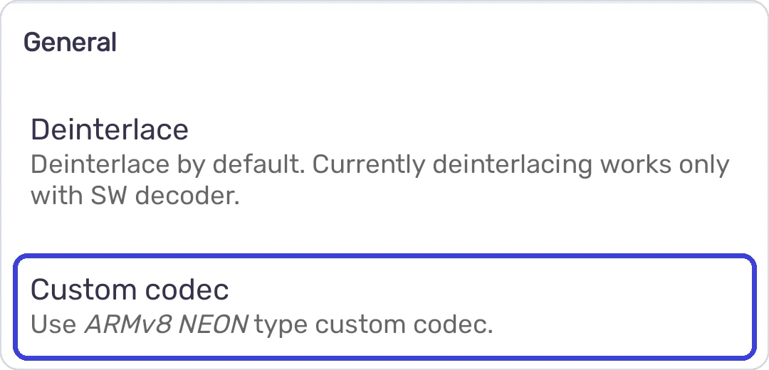 MX Player Decoder settings: Custom codec, Use ARMv8 NEON type custom codec