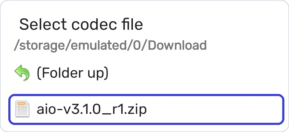 MX Player Select codec file screen showing the AIO ZIP in the Download folder