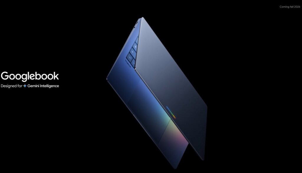 A Googlebook laptop closed on a desk with its top lid light bar illuminated
