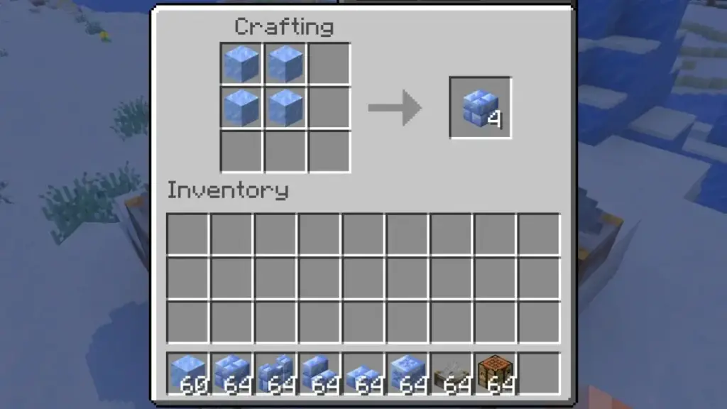 Crafting table grid showing 4 Packed Ice blocks making Packed Ice Bricks