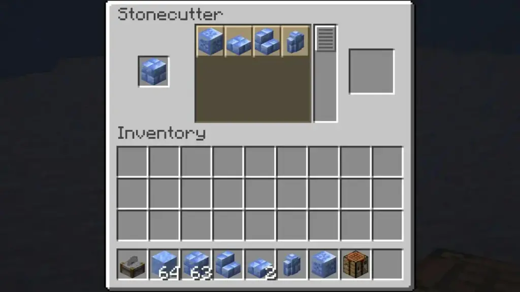Stonecutter menu showing Packed Ice Brick variants including chiseled option