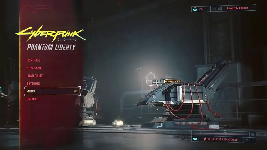 Cyberpunk 2077 main menu showing the Mods option on PS5 and Xbox
