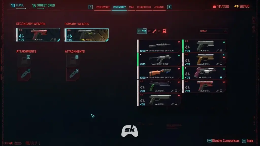 Two weapon slots filled with Power Pistols for dual-wield in inventory
