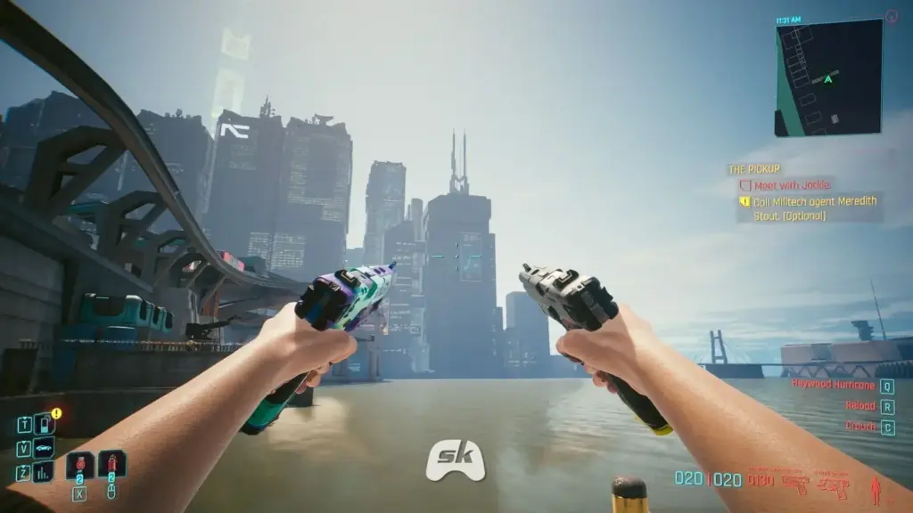 V firing two Power Pistols at once after equipping dual-wield
