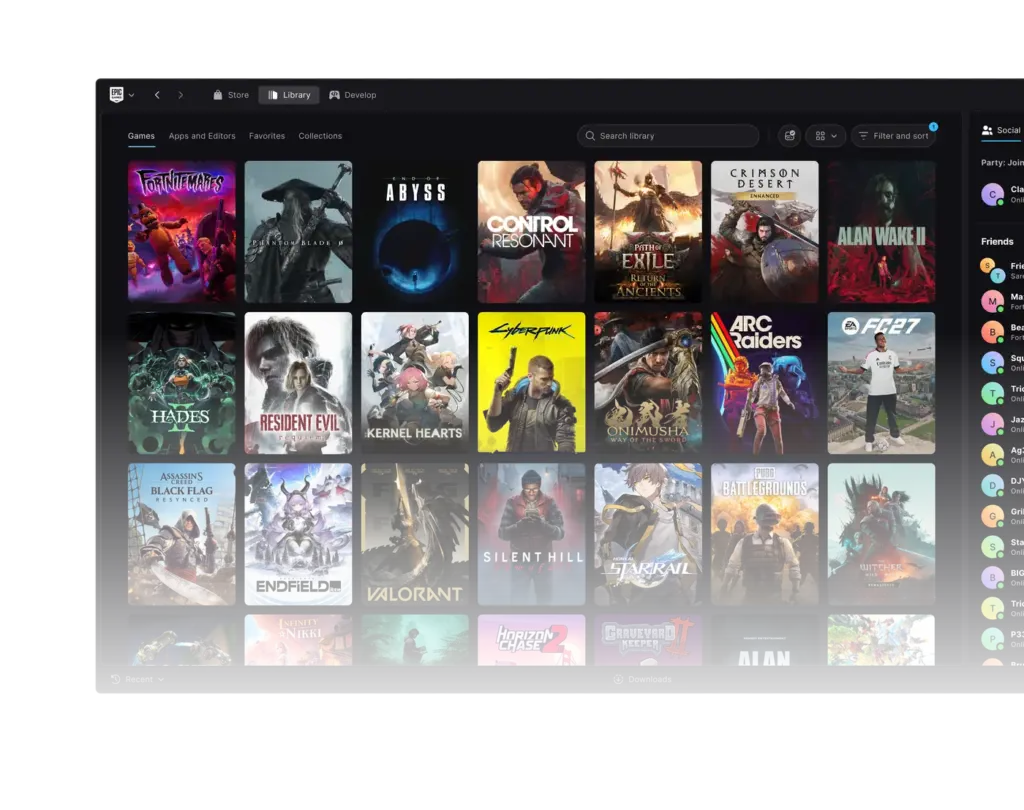 Epic Games Launcher Preview library showing a grid of game covers under the Store, Library and Develop tabs