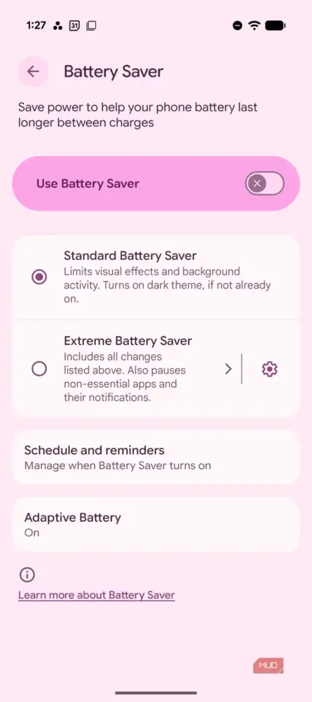 Battery Saver menu with the Adaptive Battery entry visible
