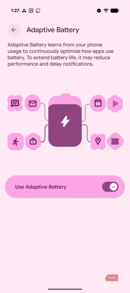 Adaptive Battery toggle switched on in Pixel battery settings