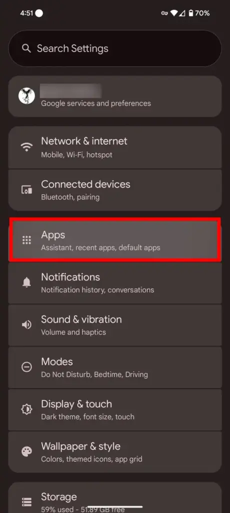 Settings Apps list highlighted on Android