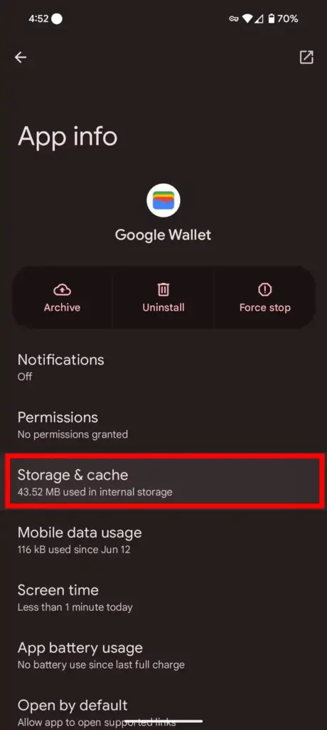 Storage & cache option on Gboard app info screen