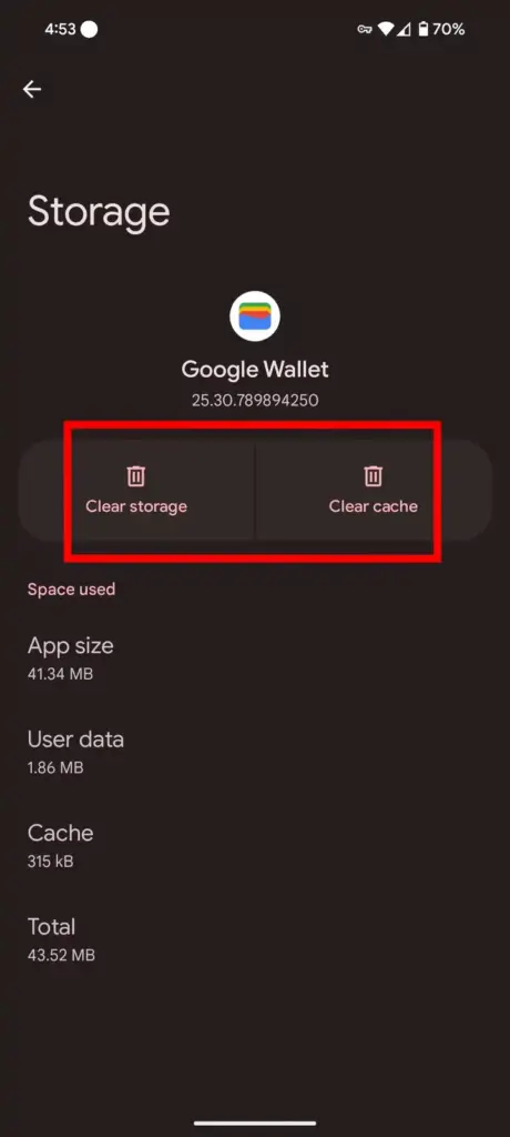 Clear storage and Clear cache buttons on app info screen