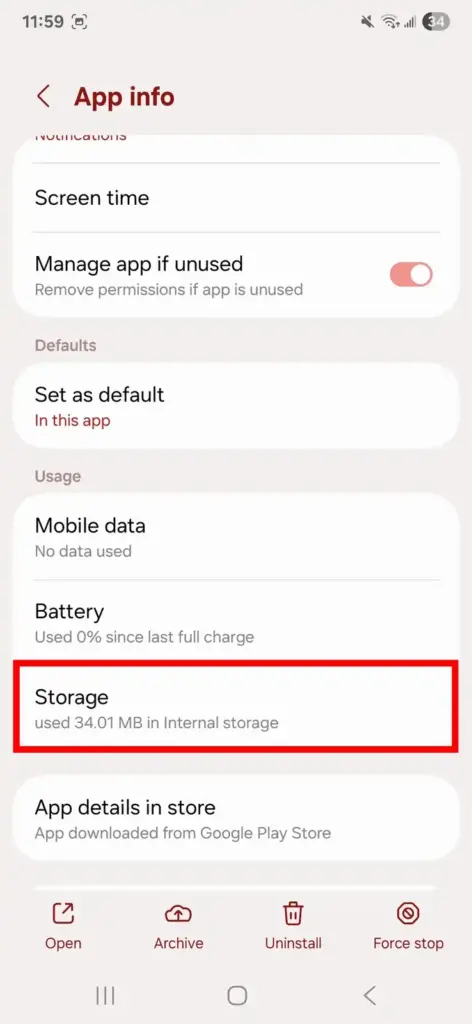 Storage option for an app in Samsung One UI settings