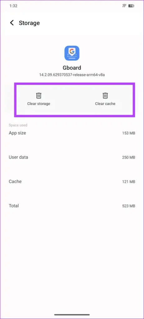 Confirmation dialog for clearing Gboard's storage and data
