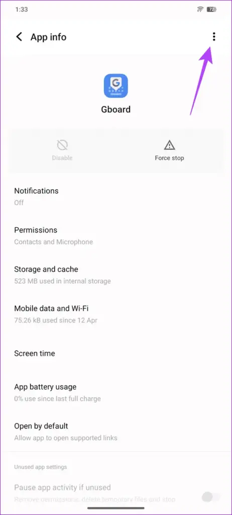 Gboard app settings page with three-dot overflow menu open