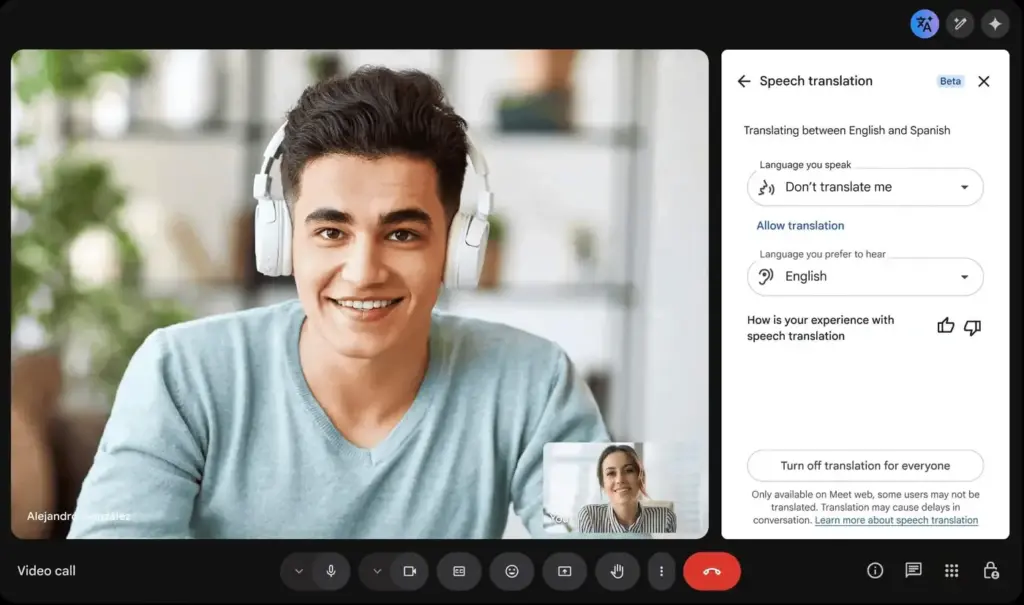 Google Meet speech translation sidebar active for English and Spanish