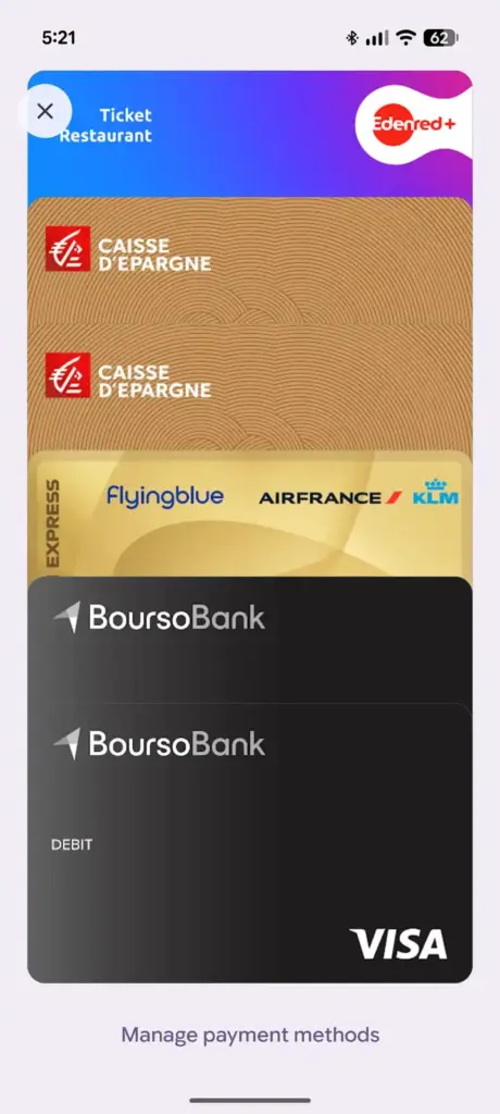 Google Wallet's card stack with similar cards that look hard to tell apart