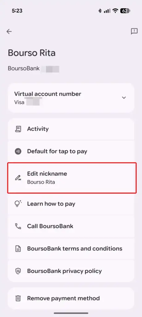 Google Wallet card info screen with the option to edit a card nickname