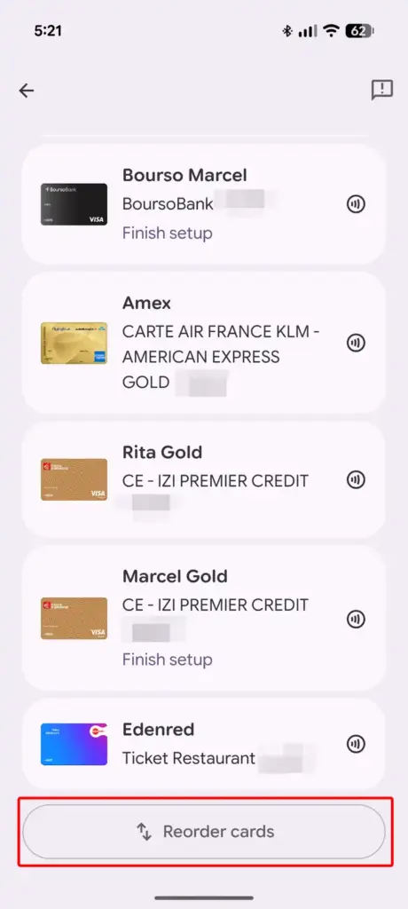 Google Wallet's card management screen used to reorder cards