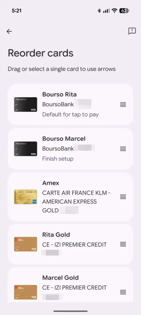 Google Wallet card management screen before reordering cards