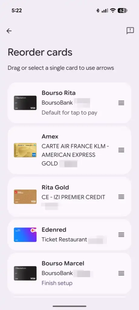 Google Wallet card management screen after reordering cards