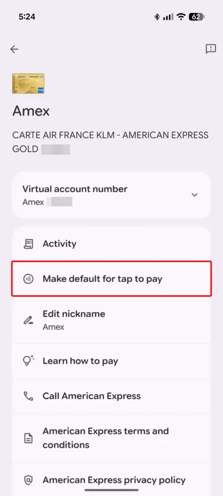 Google Wallet card info screen showing the option to set a card as default for tap to pay