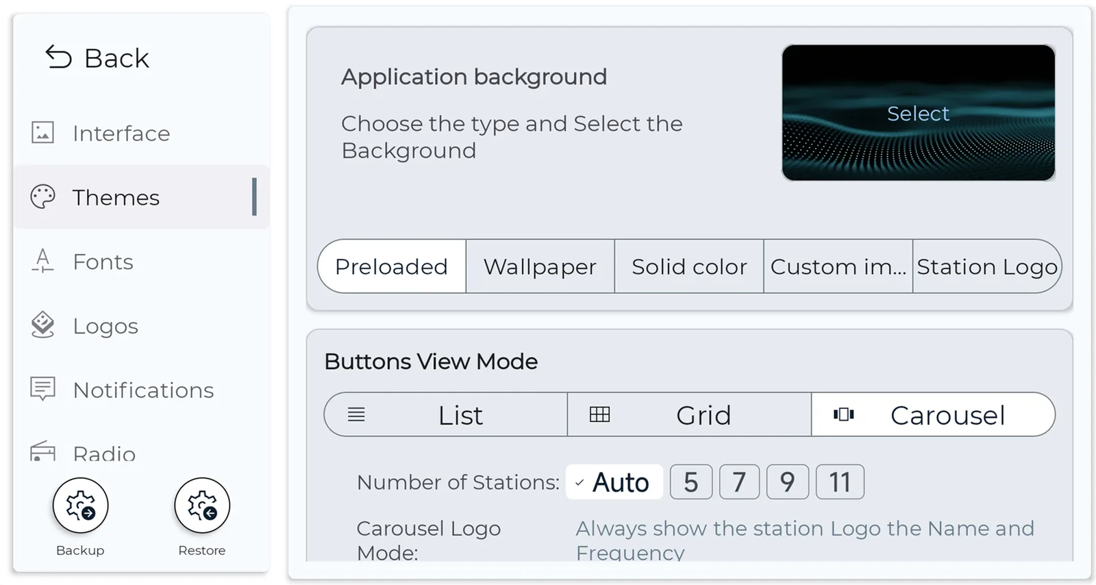 NavRadio+ interface settings for the application background and the buttons view mode