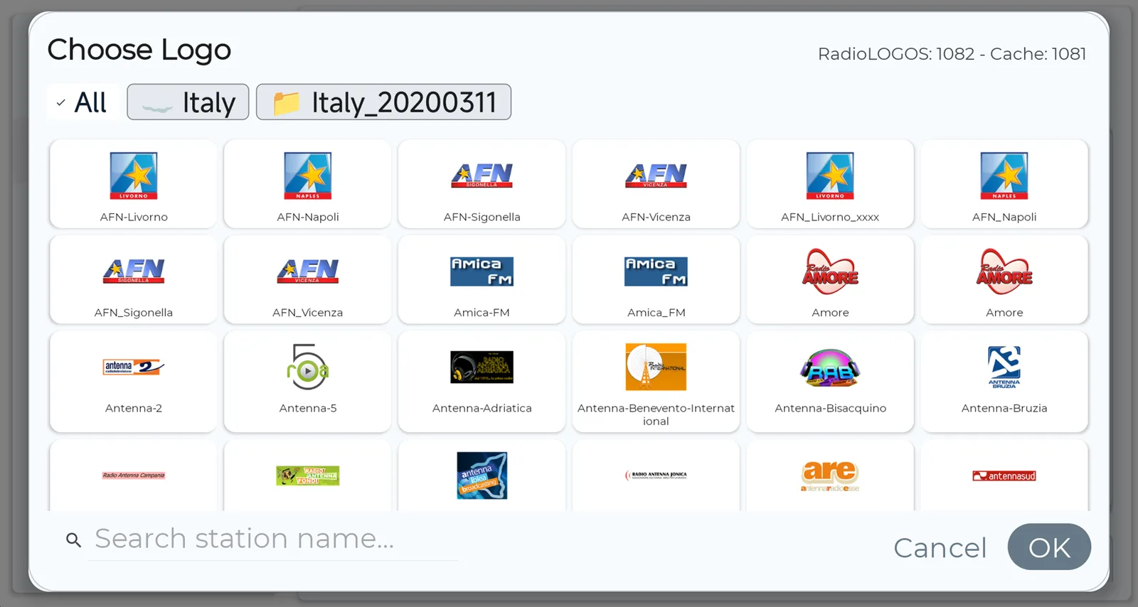 NavRadio+ Choose Logo screen with a downloaded logo pack and a search box
