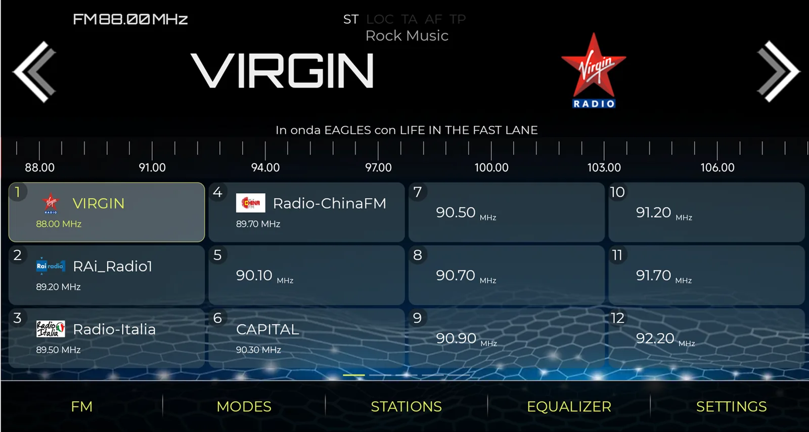 NavRadio+ grid view with station logos, frequency scale and RDS flags on an Android head unit