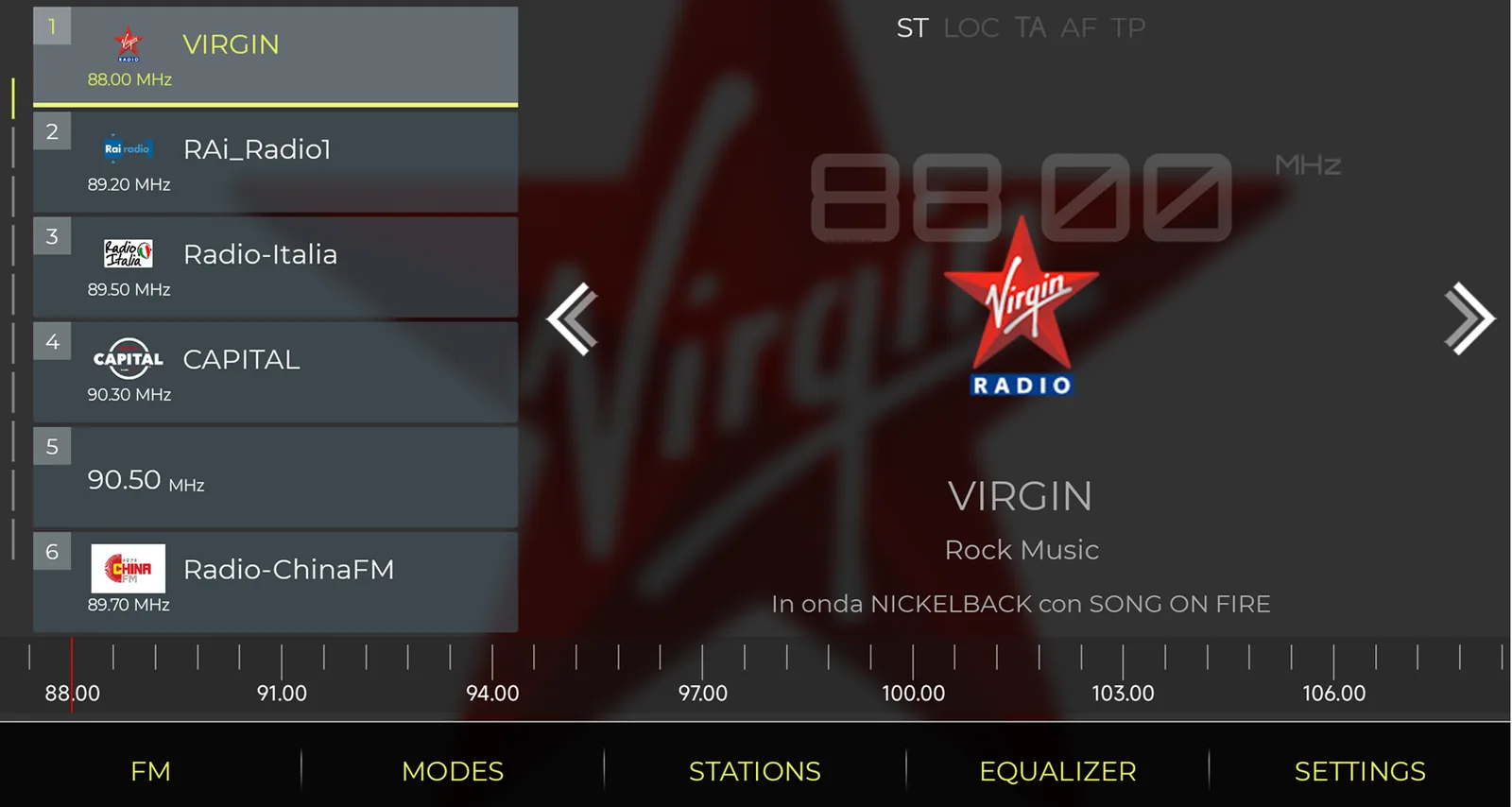 NavRadio+ vertical list view with stations on the left and a large station logo