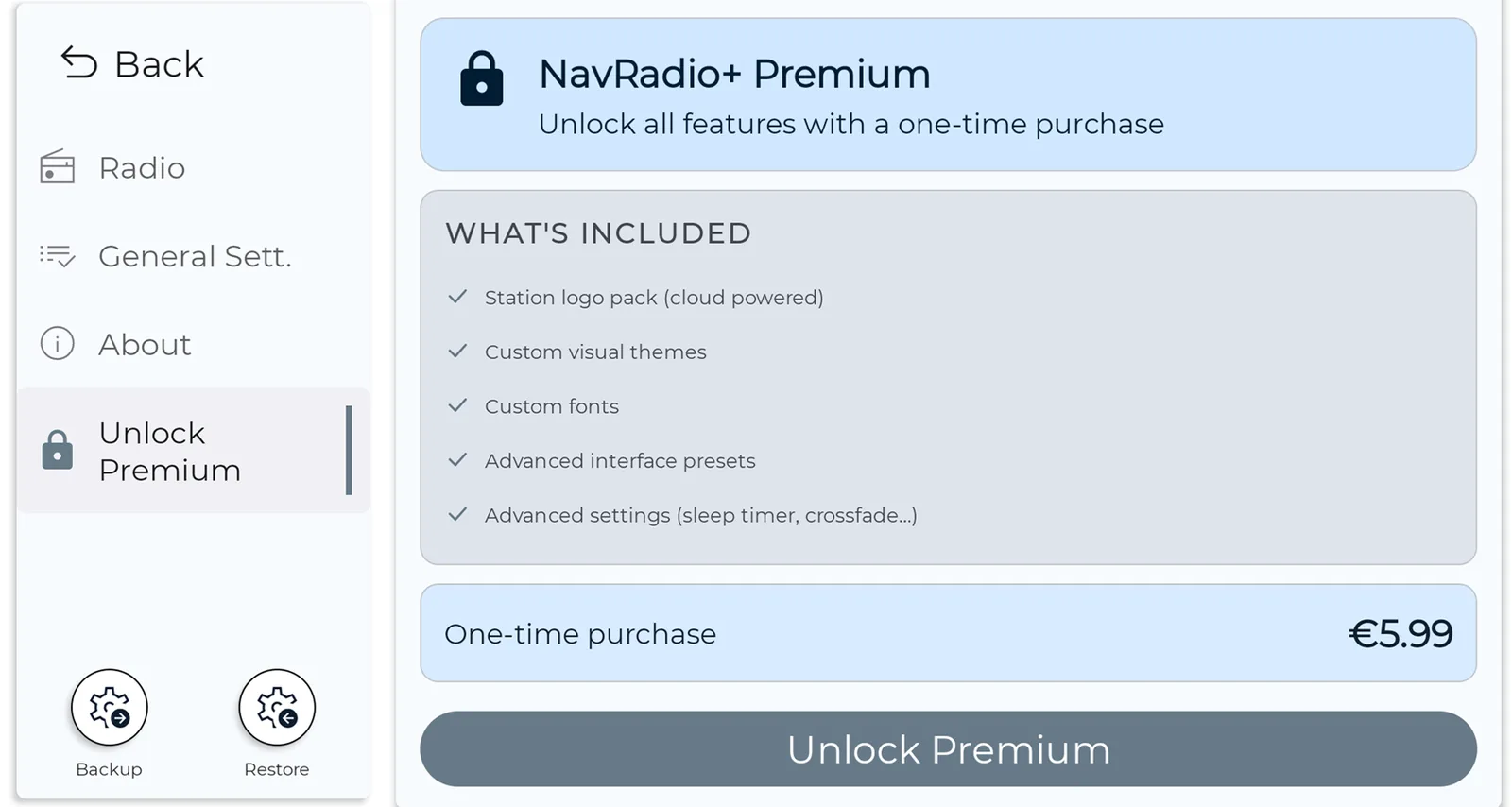 NavRadio+ Premium unlock screen with the list of included features and the one-time purchase price