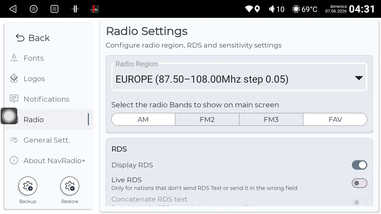 NavRadio+ radio settings with radio region, bands on the main screen and RDS options