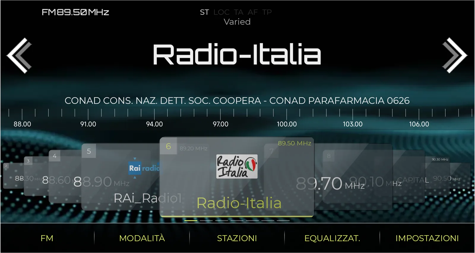 NavRadio+ showing a station name, programme type and RDS radio text in the Italian interface
