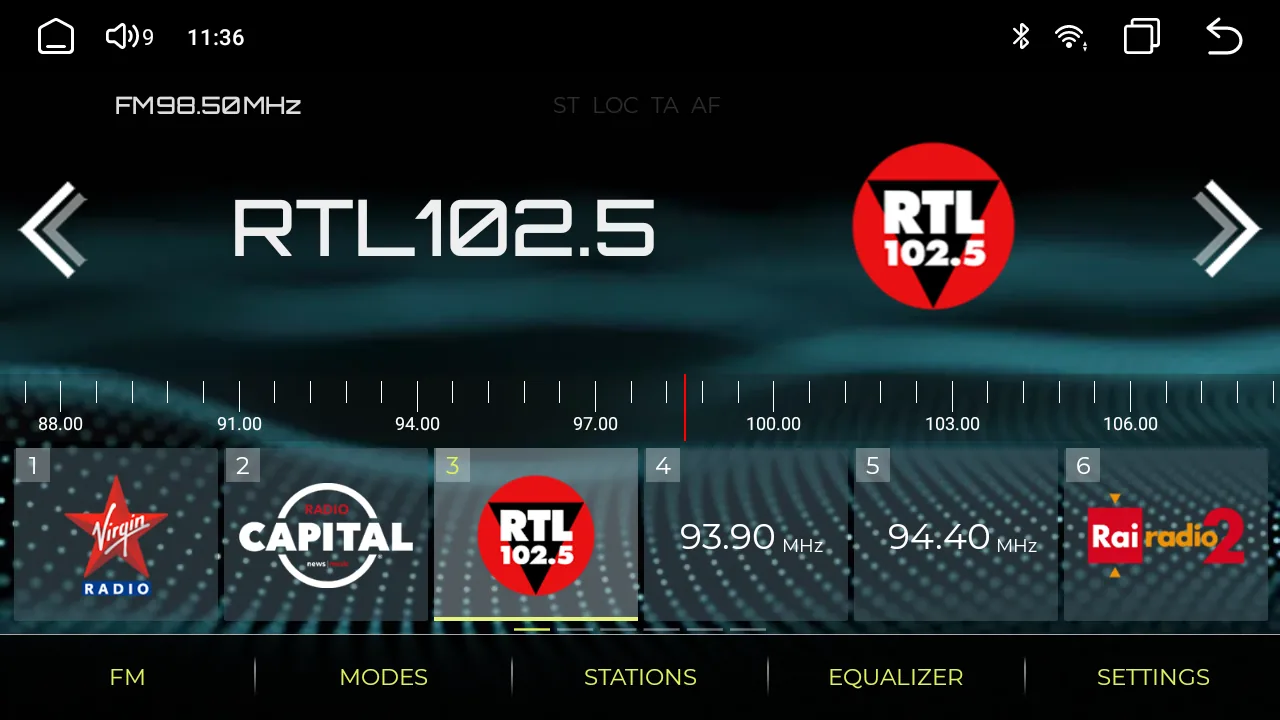 NavRadio+ with a large station name and logo above a row of six station buttons