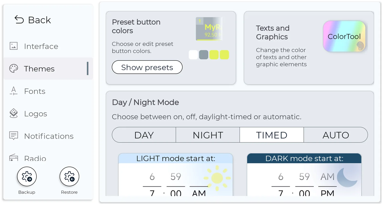 NavRadio+ theme settings with preset button colors, a color tool and day/night mode options
