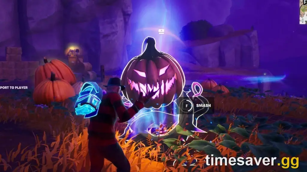 A Fortnite player smashing a Pumpkin Chest in a Fortnitemares pumpkin patch with loot floating out
