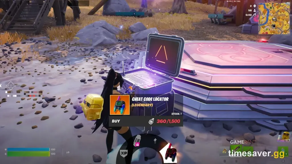 Buying the Legendary Cheat Code Locator next to a Cheat Code pad on the Fortnite map
