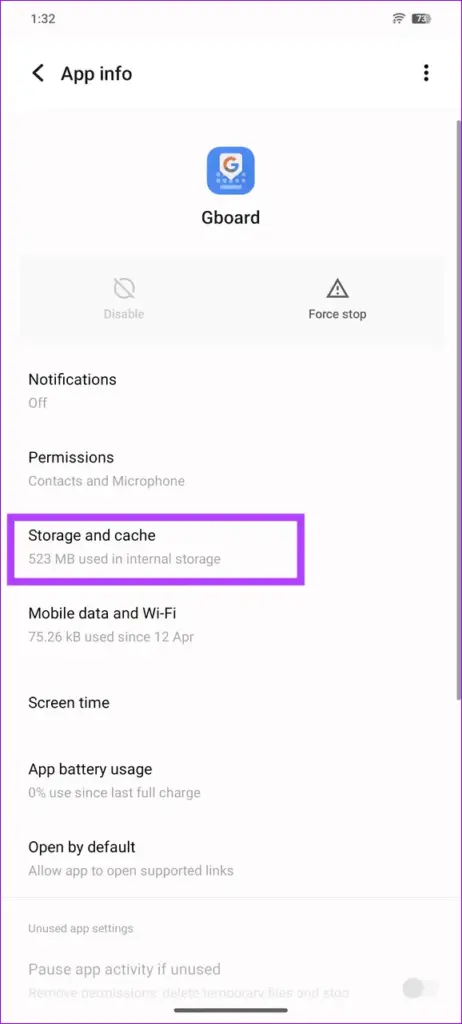 Gboard storage and cache screen with clear cache option