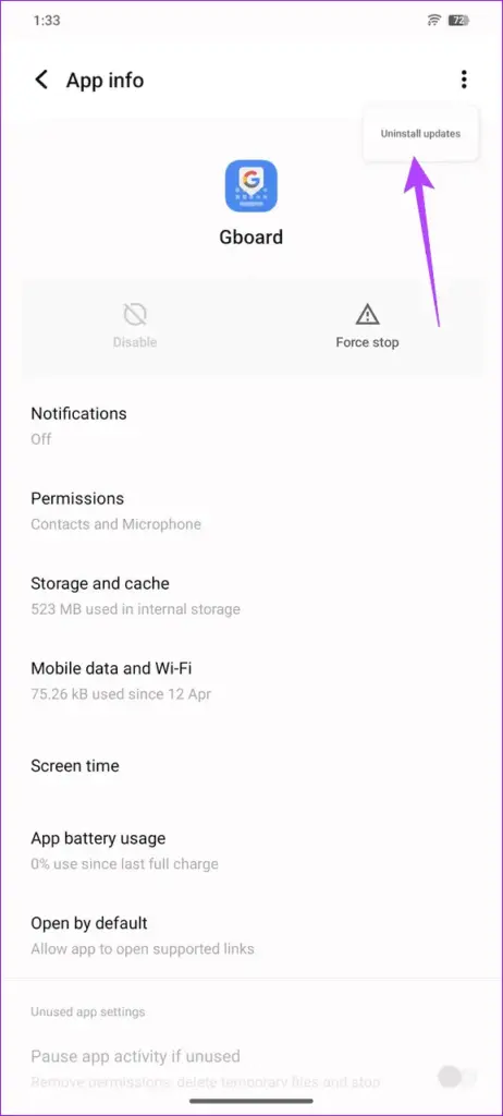 Gboard app info menu with uninstall updates option selected