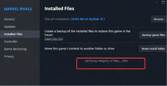 Steam Installed Files tab for Marvel Rivals with the Verify Integrity of Game Files button