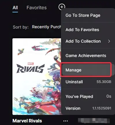 Epic Games library with MarvelRivals right-click menu open and Manage highlighted