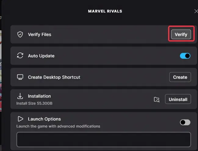 Epic Games Manage panel for Marvel Rivals showing the Verify button