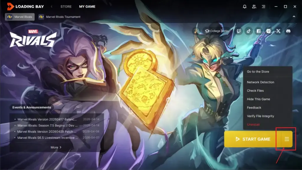 Loading Bay launcher with the option button menu open for Marvel Rivals